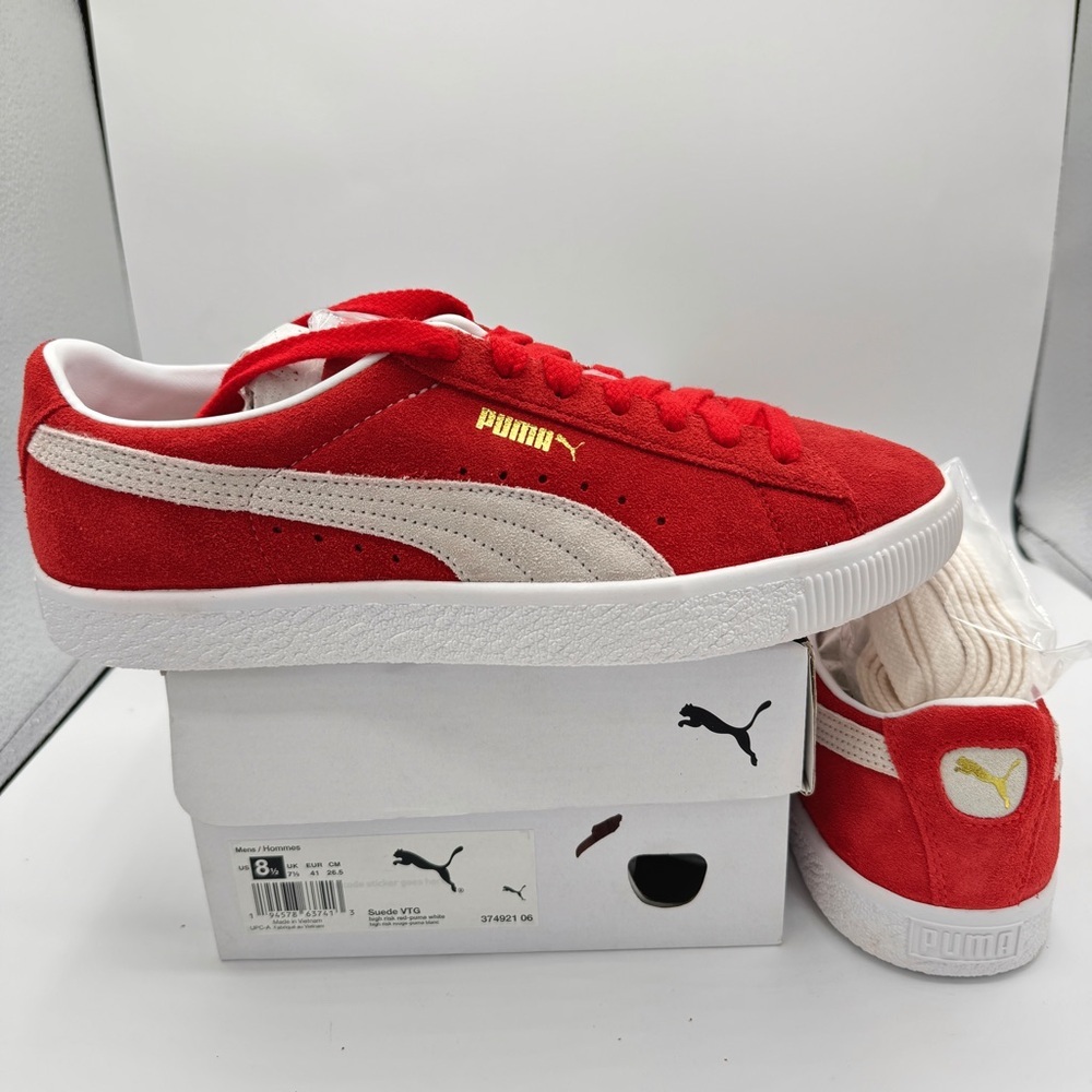 NWT Puma Suede VTG Textured Leather Sneakers , extra laces , high risk red white - Picture 13 of 16